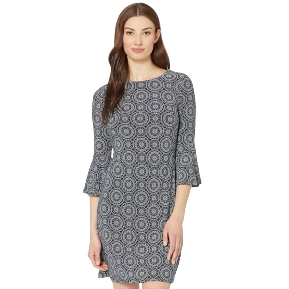 Tommy Hilfiger Womens Medallion Print Bell Sleeve Shift‎ Dress Navy Blue Size 8